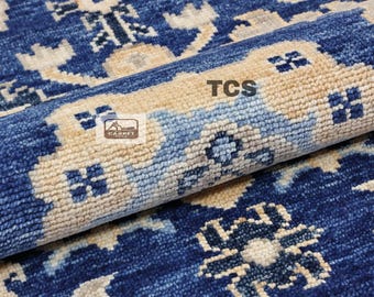 Hand-Knotted Wool Oushak Rug, Blue Turkish Carpet, Vintage Distressed Oriental Rug