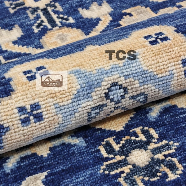 Tapete Oushak de lã feito à mão, tapete turco azul, tapete oriental vintage com efeito desgastado.