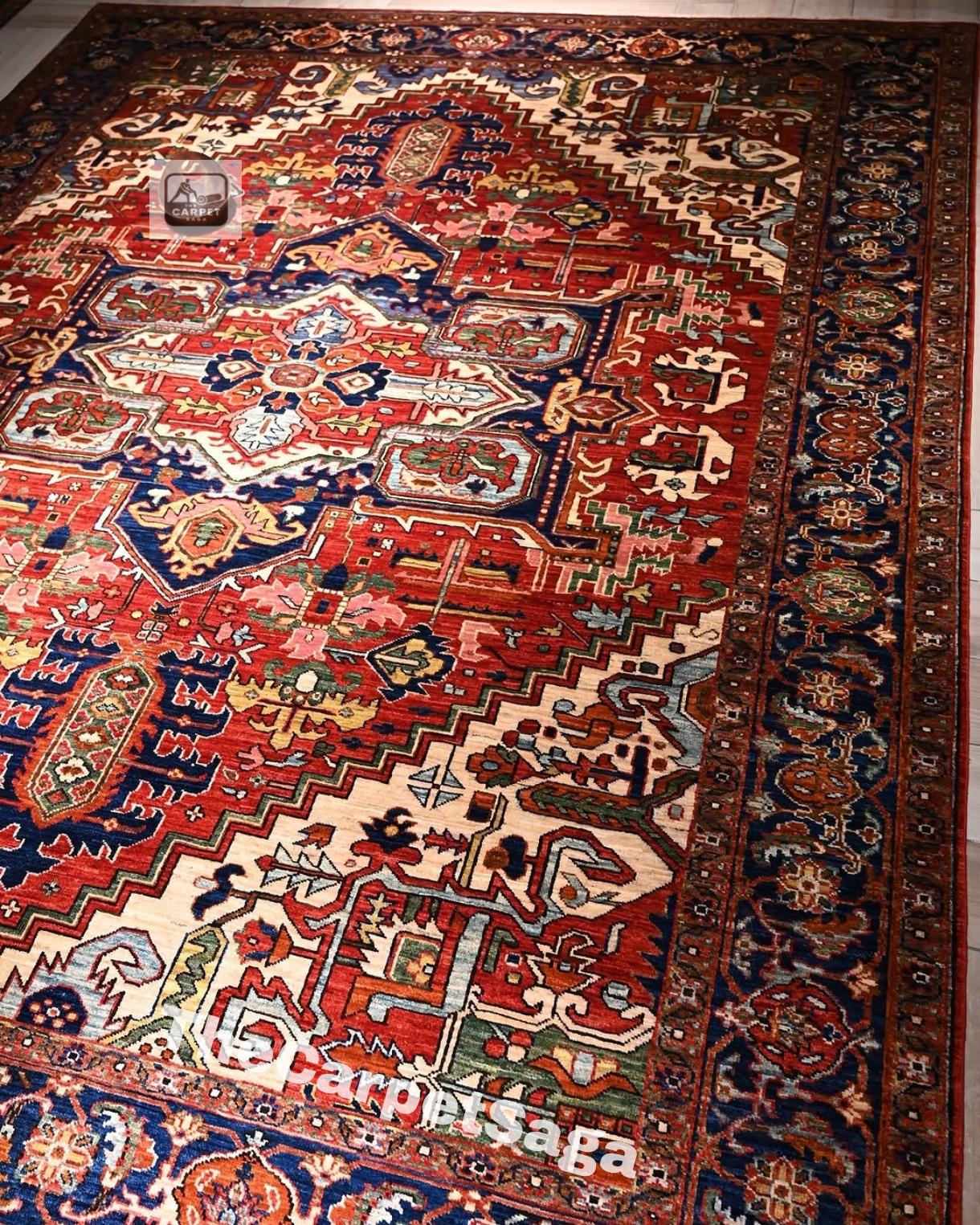 Red & Navy Heriz Rug | Handmade Wool Area Rug | Antique Style Oriental Carpet | Persian Geometric Tribal Rug | Luxury Living Room Decor