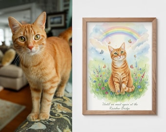Rainbow Bridge Cat Memorial Custom Pet Portrait Watercolor Style Pet Memorial Gift Cat Mom Cat Dad Art Cat Lover Printable Pet Loss Gift