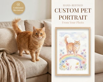 Rainbow Bridge Cat Memorial Custom Pet Portrait Watercolor Style Pet Memorial Gift Cat Mom Cat Dad Art Cat Lover Printable Pet Loss Gift