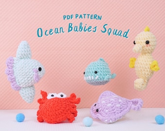 Zestaw wzorów szydełkowych na Ocean Babies, wzór szydełkowy na pluszowe zwierzęta morskie, wzór szydełkowy na amigurumi, wzór szydełkowy na zwierzęta oceaniczne