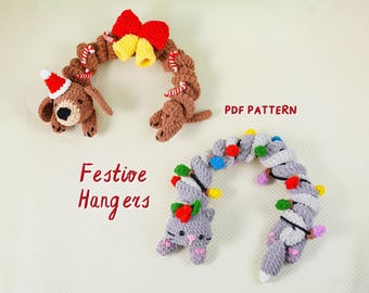 Lot de motifs au crochet pour cintres festifs, motif de cintre pour chien teckel de Noël, motif de cintre pour chat teckel de Noël, motif de Noël