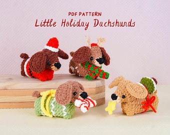 Lot de petits motifs au crochet teckels des fêtes, motif père Noël chien teckel, motif chien teckel renne, motif cadeau chien teckel