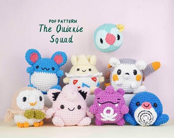 Patrones de crochet de The Quirkie Squad: patrón Eggloo, patrón de lechuza común, patrón Gloopie, patrón de ratón Moriall, patrón de Puffy Pinko