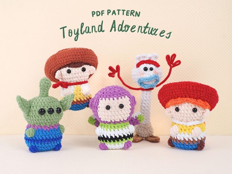 May include: Crocheted amigurumi toys of characters from the Toy Story movie franchise. The toys include Woody, Buzz Lightyear, Jessie, and Alien. The toys are all smiling and have big eyes. The toys are made with different colored yarn and have detailed features.