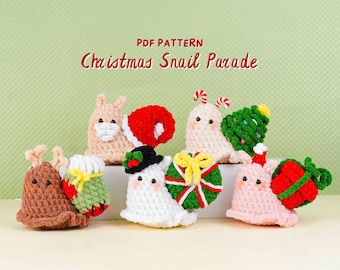 Lot de motifs au crochet pour Noël, défilé d'escargots, motif escargot couronne, motif escargot chaussettes, motif escargot père Noël, motif escargot de pin