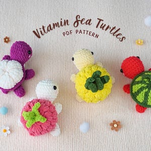 Turtles Crochet Pattern Bundle, Vitamin Sea Turtles Crochet Pattern, Fruit Turtles Amigurumi Set, Stuffed Animal Crochet Patterns