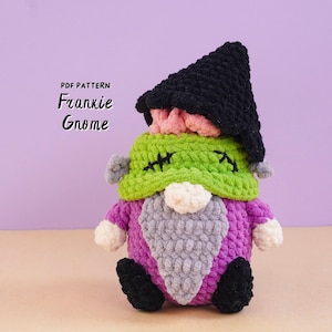 May include: A crochet gnome doll featuring a black pointed hat, a green head with black stitched details, a white nose, a grey beard, and a purple body with black feet. The text PDF PATTERN Frankie Gnome is printed in black to the left of the doll.