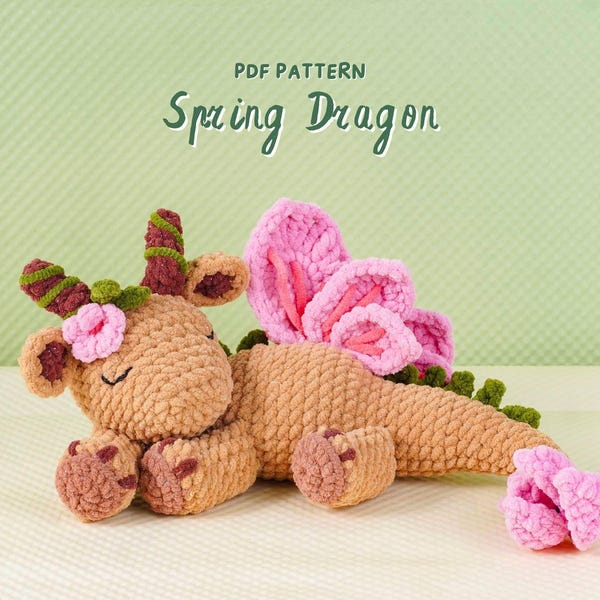 Patrón de ganchillo de dragón de primavera, patrón PDF de dragón amigurumi, peluche de criatura fantástica, tutorial de ganchillo fácil, patrón PDF