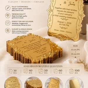 May include: A rectangular gold mirror acrylic invitation with ornate edges, featuring engraved text for Emma and James's wedding on August 1, 2026, at 5:00 PM. The invitation measures 11 inches by 15 inches and is shown in a stack and upright.