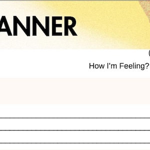 以下が含まれることがあります： 太字の黒い文字で「DAILY PLANNER」と書かれた白いデイリープランナー。日付、上位3つの優先事項、絵文字の顔がある「How I'm Feeling?」セクションが含まれています。