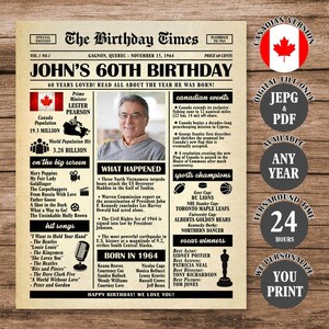 60th Birthday Newspaper Poster Canada, Back in 1964 Poster, What ...