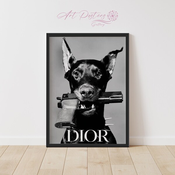 Doberman Gun Poster Print, Luxury Designer Fashion Dog Lover Wall Art, Decor Photography Premium Quality Picture Home Decor