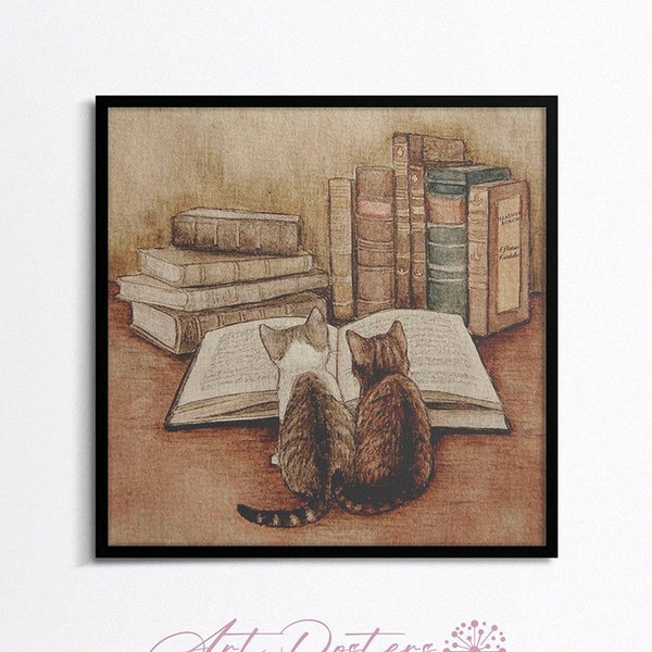 Cat Wall Art, Vintage Wall Art, Cat Lover Art, Muted Neutral Colors, Vintage Cat Art, Cats and books,Reading book, Vintage library
