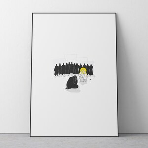 May include: Framed art print featuring a minimalist illustration. The artwork depicts a group of silhouetted figures observing two figures in the foreground. One figure is kneeling, and the other has a yellow halo. The print is set against a white background.