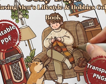 Cozy Boy Coloring Pages for Procreate | Men's Lifestyle & Hobbies Digital Line Art | Dog Lover Relaxing PNG PDF Printable