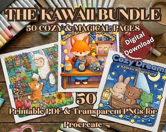 50 Cozy Kawaii Coloring Pages for Adults, Anxiety Relief Aesthetic, Cute Magic Animals Cottagecore, Digital Printable Bundle, Procreate PNG