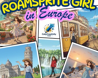 Roamsprite Girl in Europe Coloring Book for Adults & Teens PDF Bundle with 50 Travel Pages of Cities, Landmarks PNG Digital Download