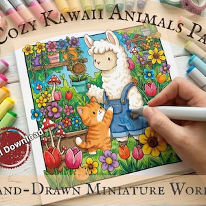 Peut inclure: Une page de livre de coloriage dessinée à la main avec un lama et un chat dans un jardin, entourés de fleurs et de champignons colorés. Le texte indique "Cozy Kawaii Animals Pages" et "Hand-Drawn Miniature Worlds". Des marqueurs et du washi tape sont visibles.
