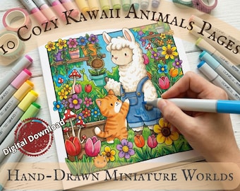 10 Cozy Kawaii Animals Coloring Pages | Bold and Easy Coloring Book PDF | Cute Chibi Relaxing Coloring for Adults & Kids | Procreate PNG