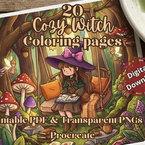 Kawaii Cozy Little Witch Coloring Book | 20 Cute Magical Pages | Printable Stress Relief PDF & Procreate PNG | Whimsical Fall Line Art