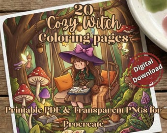Kawaii Cozy Little Witch Coloring Book | 20 Cute Magical Pages | Printable Stress Relief PDF & Procreate PNG | Whimsical Fall Line Art