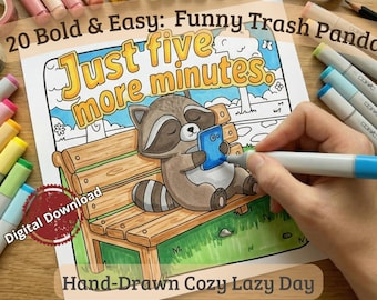 Funny Raccoon Coloring Pages for Adults | Cozy Lazy Day Activity | Cute Trash Panda PDF | Stress Relief Coloring Book for Anxiety | Digital
