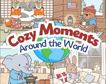 Cozy Coloring Pages Around the World for Kids with 50 Adorable Scenes PDF PNG Digital Download Kawaii Hygge Travel Relaxing Art