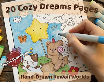 Bold and Easy Coloring Book for Adults | Kawaii Space & Cozy Animals PDF | Simple Thick Lines for Anxiety Relief | Procreate Stamps PNG