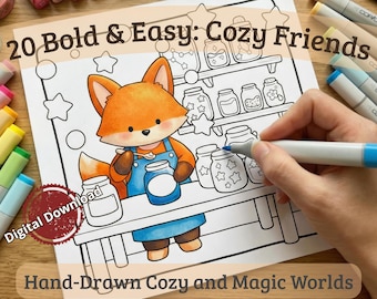 Bold and Easy Coloring Book for Adults • Cozy Kawaii Animals & Mushroom Cottage • Simple Relaxation Art Therapy • Print PDF + Digital PNG