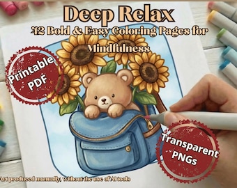 Bold and Easy Coloring Pages, Kawaii Cozy Lifestyle Book for Adults and Teens, Cute Animals Printable PDF, Relaxing Art Therapy