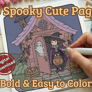 Może przedstawiać: Kolorowanka z tekstem "10 Spooky Cute Pages" i "Bold & Easy to Color". Ilustracja przedstawia czarownicę z wiadrem z dyni przed domem z duchem w drzwiach. Ręka koloruje obrazek.