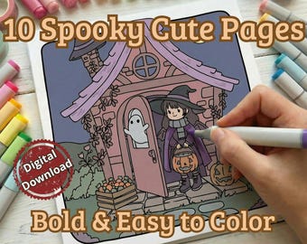 Cozy Witch Coloring Pages for Adults | Bold and Easy Spooky Cute Book | Pastel Goth Aesthetic | Printable PDF & Procreate Stamps