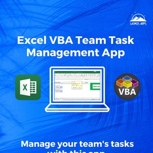 Könnte beinhalten: Ein blauer und weißer Laptop-Bildschirm zeigt eine Tabellenkalkulation mit einem grünen Button mit der Aufschrift "Aufgabe erstellen". Der Laptop ist weiß umrandet. Das Bild enthält auch ein grünes Symbol mit dem Buchstaben "X" und einem Tabellenkalkulationssymbol sowie ein mehrfarbiges Symbol mit den Buchstaben "VBA". Der Text "Excel VBA Team Task Management App" befindet sich oben im Bild. Der Text "Verwalten Sie die Aufgaben Ihres Teams mit dieser App." befindet sich unter dem Laptop. Der Text "Einfach | Effektiv | Bearbeitbar Excel VBA Anwendung Erfordert Microsoft Excel" befindet sich unter dem Text "Verwalten Sie die Aufgaben Ihres Teams mit dieser App.". Der Text "Entworfen und entwickelt von Latmos Apps" befindet sich unten im Bild.