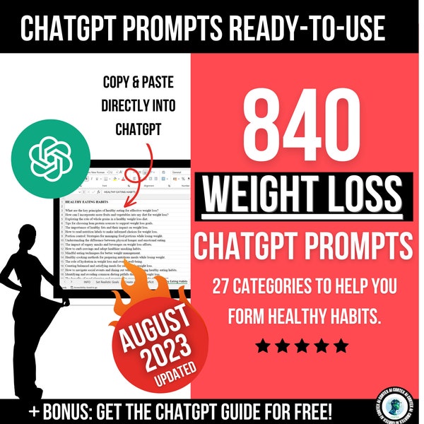 840 ChatGPT Prompts for Weight Loss, Diet Plan & Meal Plan for Weight Loss, How to Lose Weight using ChatGPT, Weight Loss Program DIGITAL