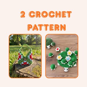 May include: The image showcases two crochet patterns. One features a granny square handbag in green, red, and blue. The other displays a green crochet turtle with several smaller turtles and colorful accents. The text "2 CROCHET PATTERN" is displayed.
