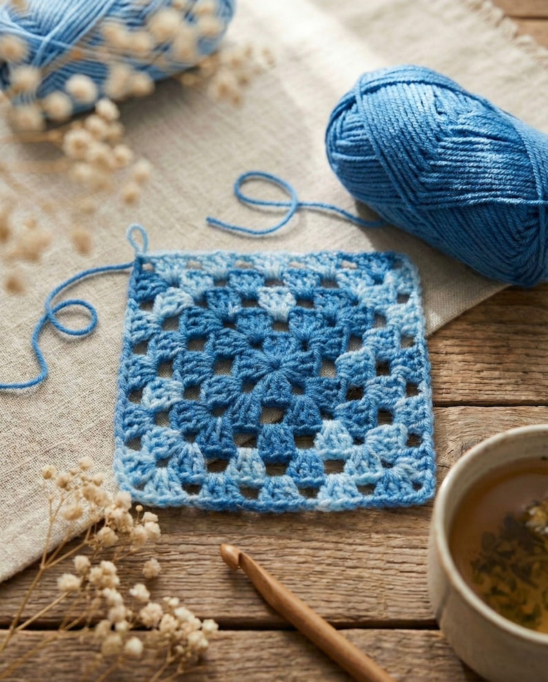 May include: A square, blue and white crocheted granny square sits on a wooden surface, with a ball of blue yarn and a crochet hook nearby. The square is made of varying shades of blue yarn, creating a textured pattern. A cup of tea and dried flowers are also in the image.
