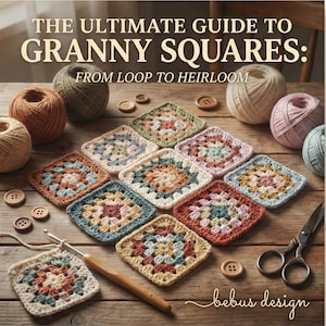 May include: A wooden table displays a collection of colourful granny squares, yarn balls, wooden buttons, a crochet hook, and scissors. The text reads "THE ULTIMATE GUIDE TO GRANNY SQUARES: FROM LOOP TO HEIRLOOM" and "bebus design".