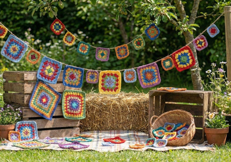 May include: A colorful crochet garland with square motifs in various colors hangs outdoors. The garland is strung above a wooden crate, a basket, and a hay bale. Additional crochet squares and coasters are arranged on a blanket on the grass.