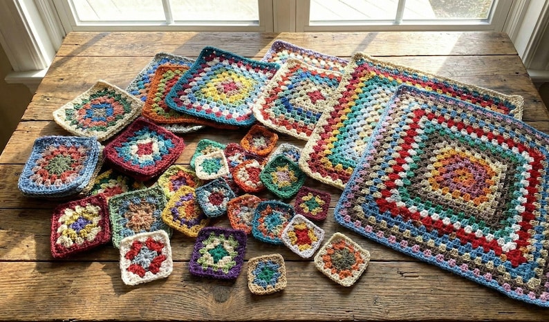 May include: A collection of colorful, handmade crochet squares and larger pieces in various sizes. The squares feature intricate patterns and a variety of colors, including red, blue, green, and yellow. They are arranged on a rustic wooden surface.