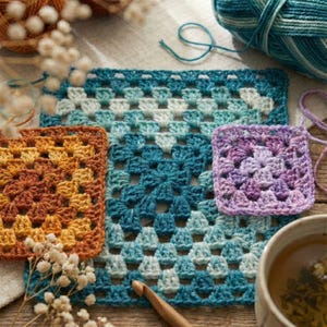 May include: A collection of colorful crochet squares in shades of blue, orange, and purple. Yarn balls in coordinating colors and a crochet hook are also present, suggesting a crafting theme. The squares are arranged on a neutral surface.