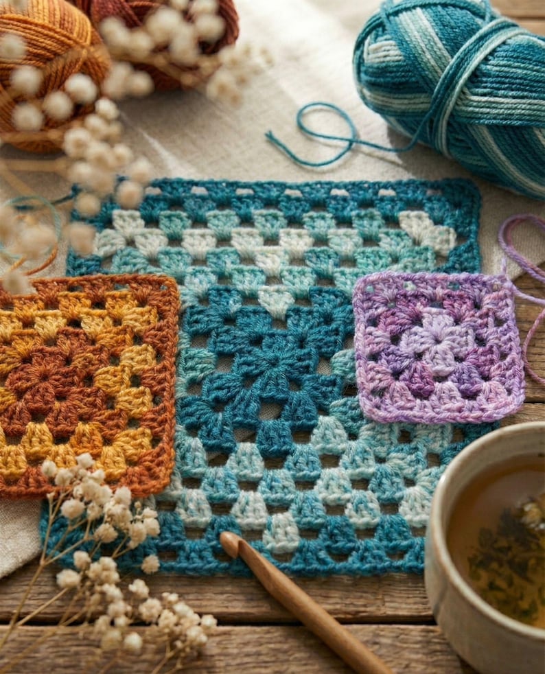 May include: A collection of colorful crochet squares in shades of blue, orange, and purple. Yarn balls in coordinating colors and a crochet hook are also present, suggesting a crafting theme. The squares are arranged on a neutral surface.