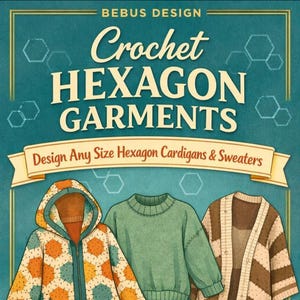 May include: An illustration promoting "Crochet Hexagon Garments" by Bebus Design. The image features three examples of garments: a hooded jacket with orange, blue, and yellow hexagon patterns, a green sweater, and a brown and white striped cardigan. The text reads "Design Any Size Hexagon Cardigans & Sweaters."