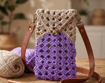 Granny Square Phone Bag Crochet Pattern | Crochet Phone Case PDF | Retro Crossbody Bag | Boho Mobile Holder | Easy DIY Crochet Project