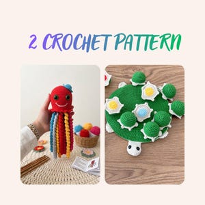 以下が含まれることがあります： 「2 CROCHET PATTERN」というテキストが記載されたデジタル画像。手作りの赤いタコ（多色の触手と小さな青い帽子付き）と、取り外し可能な小さなカラフルな甲羅パーツが複数付いた緑色のカメの2点が写っています。
