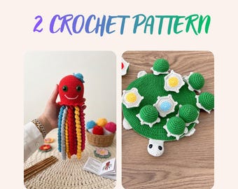 Schildkröten-Memory-Spiel und Oktopus-Muster gehäkelt: PDF-Anleitung (Digitaler Download) 2 Häkelanleitungen-Bundle Anfänger freundlich Amigurumi
