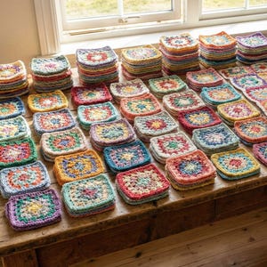 May include: A collection of colorful, crocheted squares arranged on a wooden table. The squares are in various colors, including red, blue, yellow, and green, and are stacked in neat piles. Some squares are joined together to form a larger piece, possibly a blanket or afghan.