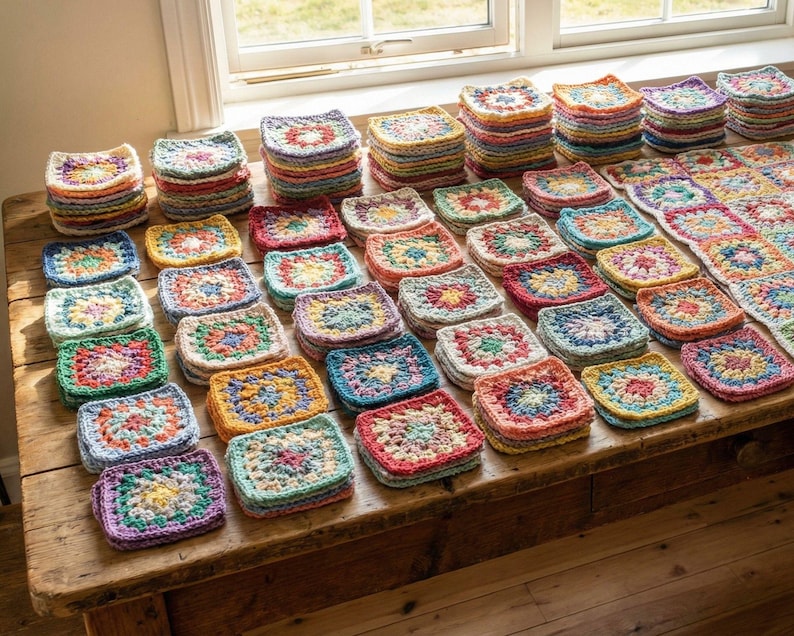 May include: A collection of colorful, crocheted squares arranged on a wooden table. The squares are in various colors, including red, blue, yellow, and green, and are stacked in neat piles. Some squares are joined together to form a larger piece, possibly a blanket or afghan.