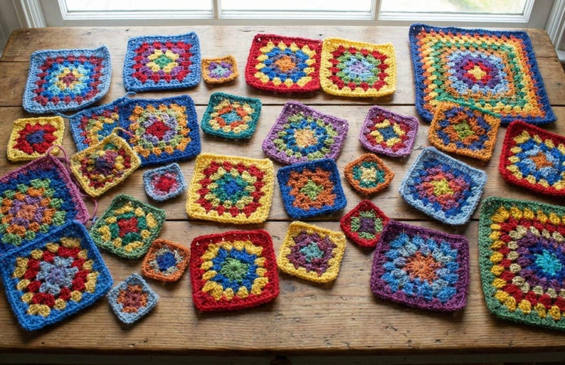 May include: A collection of colorful, handmade crochet squares in various sizes and vibrant hues. The squares feature intricate patterns with a central design, surrounded by multiple rounds of contrasting colors. The squares are arranged on a wooden surface.